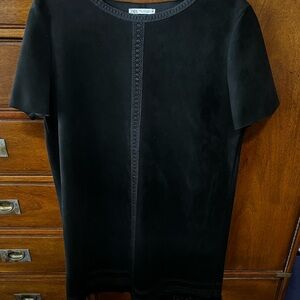 Zara Black Short Sleeve Shift Dress with Center Lace Trim and fringe hem